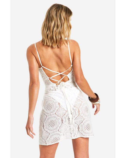 Boohoo White Crochet Beach Tie Back Strappy Mini Dress