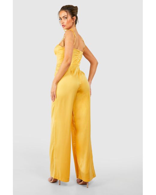 Boohoo Yellow Tie Strap Ruched Jumpsuit