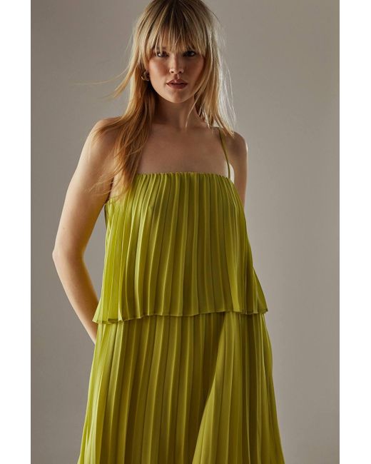 Warehouse Green Chiffon Pleated Tier Strappy Midi Dress