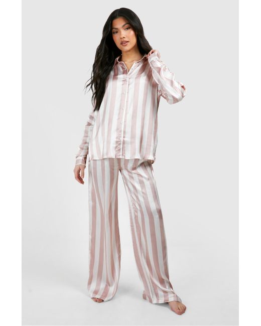Boohoo Pink Maternity Satin Stripe Pyjama Trouser Set
