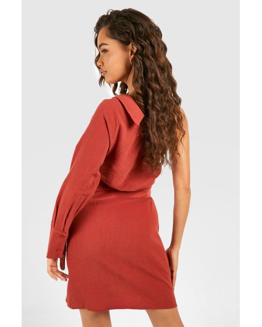 Boohoo Red Linen Asymmetric Rouched Shirt Dress