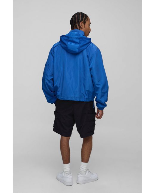 BoohooMAN Blue Regular Fit Lightweight Nylon Funnel Neck With Hood Windbreaker Jacket for men