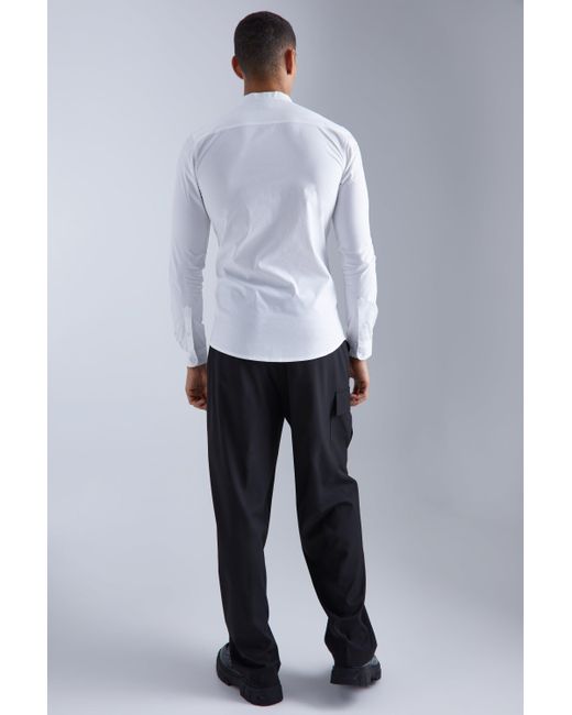 BoohooMAN White Long Sleeve Grandad Collar Stretch Fit Shirt for men