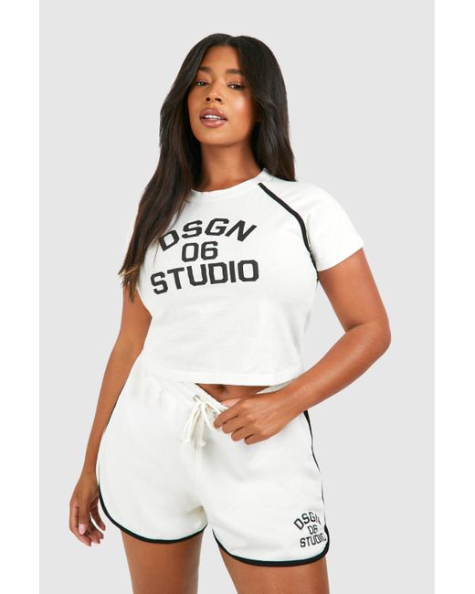 Boohoo White Plus Dsgn Studio Piping Fitted Tee And Short Set