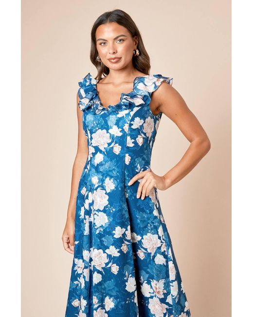Dorothy Perkins Blue Dp Luxe Floral Printed Jacquard Chiffon Ruffle Front Sleeveless Midi Dress