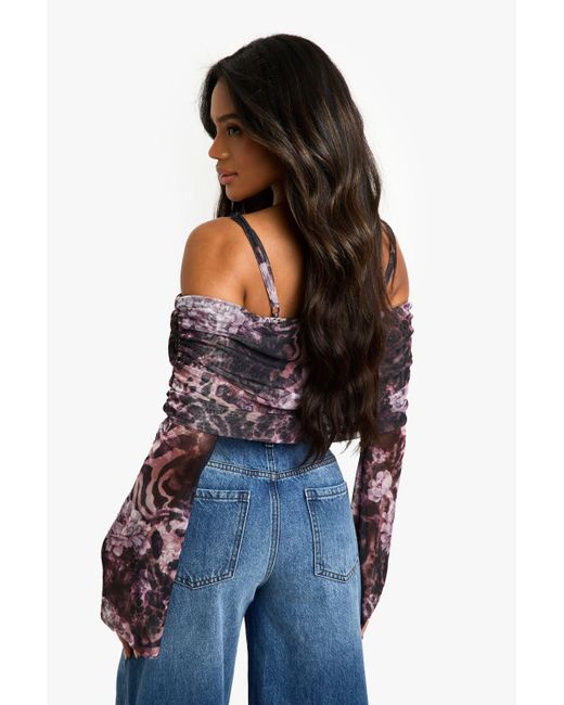 Boohoo Blue Printed Mesh Off The Shoulder Top With Straps