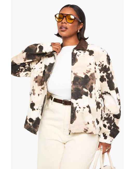 Boohoo Natural Plus Cow Print Collared Zip Up Denim Jacker