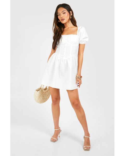Puff Sleeve Cotton Rouched Milkmaid Mini Dress Boohoo de color White