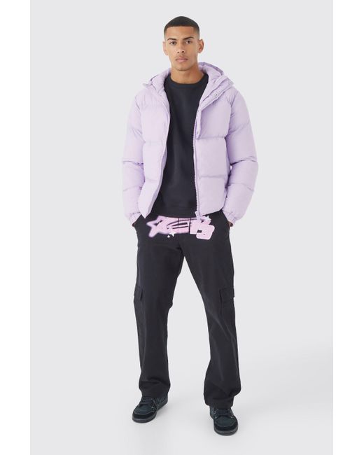 BoohooMAN Purple Boxy Hooded Puffer With Half Placket for men