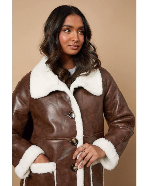 Oasis Brown Pu Bonded Shearling Coat