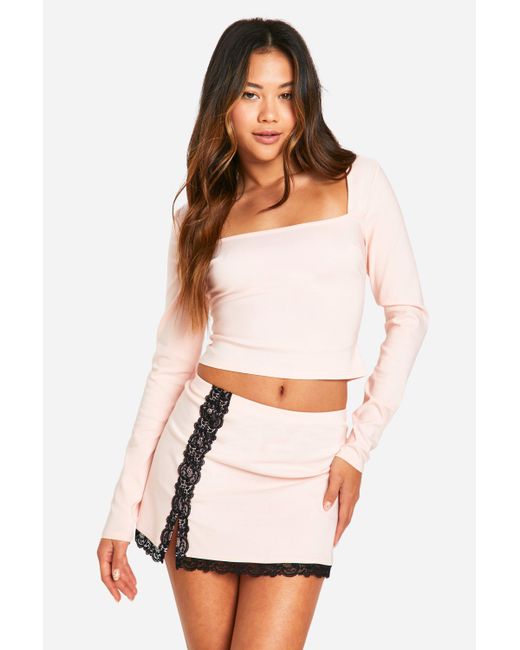Boohoo White Lace Detail Square Neck Crop & Mini Skirt