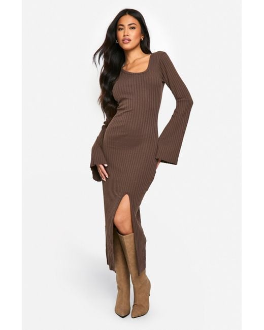 Boohoo Brown Wide Rib Assymetric Neck Midaxi Dress