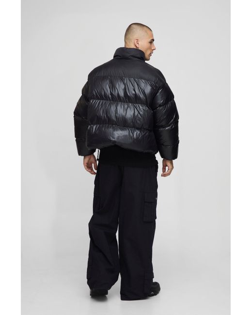 Boohoo Black Boxy Fit High Shine Nylon Mix Funnel Neck Puffer Jacket