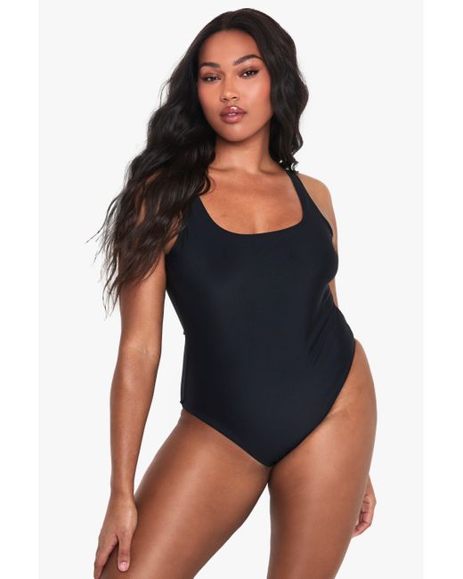 Boohoo Blue Plus Swimwear Essentials Square Neck Tummy Control Swimsuit