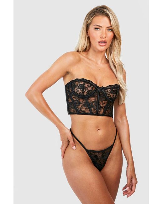Boohoo Black Structured Lace Crop Corset And Thong Set
