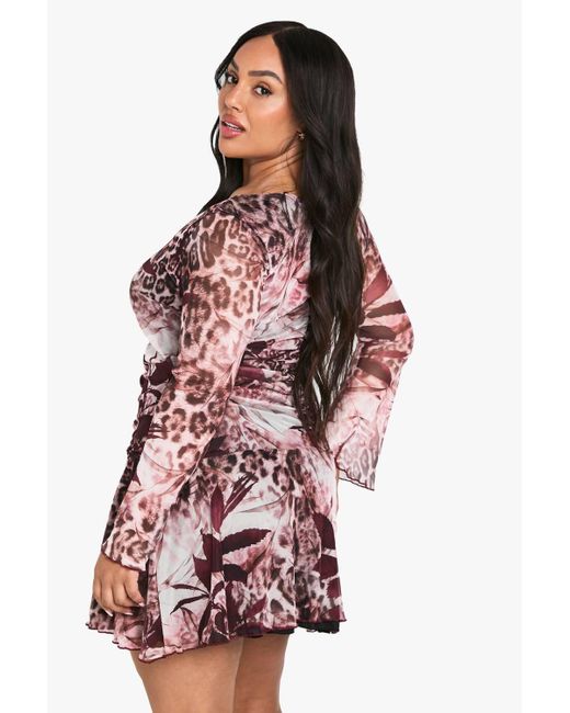 Boohoo Red Plus Printed Mesh Ruched Mini Skater Dress