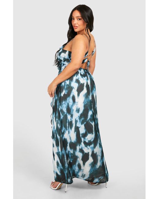 Boohoo Blue Plus Woven Abstract Print Ruffle Detail Strappy Maxi Dress