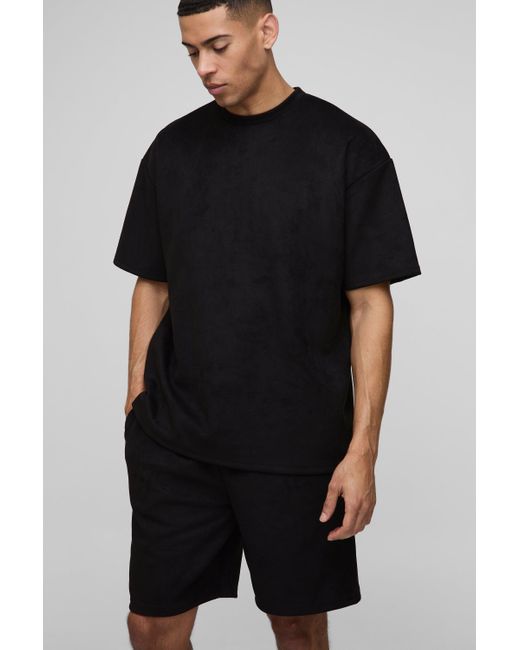 BoohooMAN Oversize T-Shirt und Shorts aus Wildlederimitat in Black für Herren
