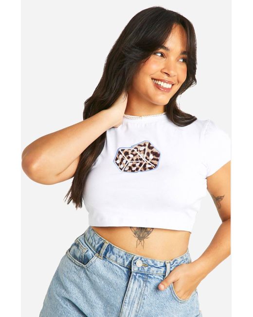 Boohoo White Plus Leopard Dice Embroidered Baby Tee
