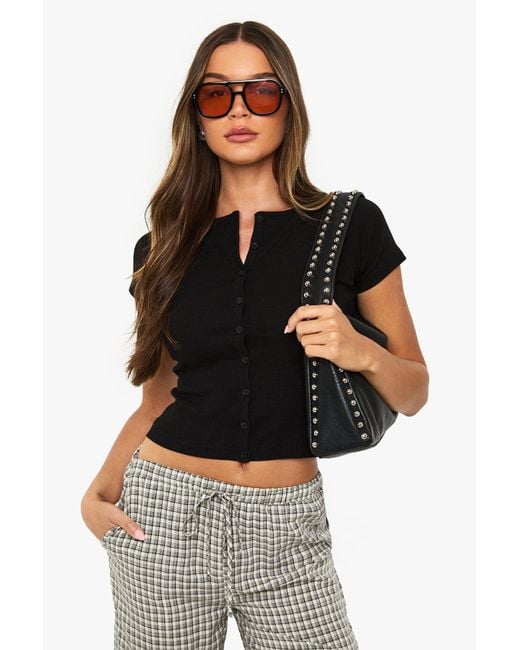 Boohoo Black Rib Button Through Cap Sleeve Top