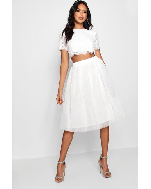 Boohoo Woven Lace Top u0026 Contrast Midi Skirt Two-piece Set in White | Lyst UK