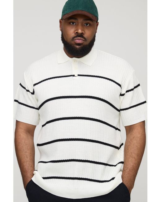 BoohooMAN Plus geripptes Strick-Poloshirt mit Streifen in Natural für Herren