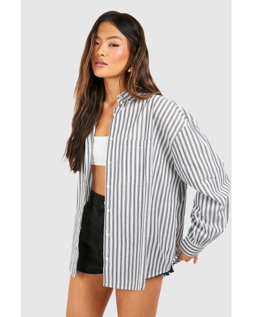 Boohoo Gray Oversized Pocket Detail Stripe Shirt