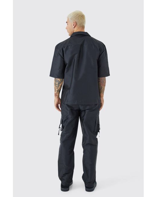 BoohooMAN Blue Short Sleeve Revere Utility Shirt & Cargo Pants Set for men
