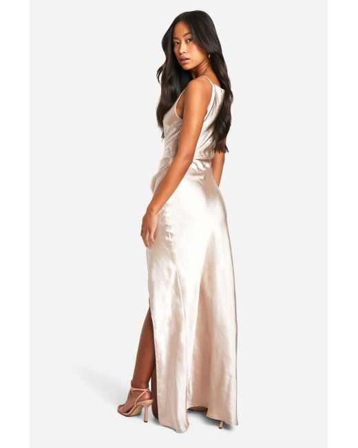 Boohoo White Bridesmaid Satin Slash Neck Maxi Dress
