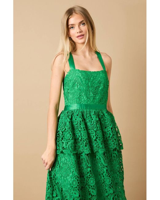 Oasis Green Cross Strap Tiered Lace Midi Dress
