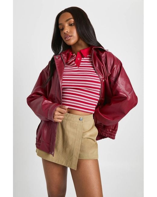 Boohoo Red Faux Leather Contrast Stitch Bomber Jacket