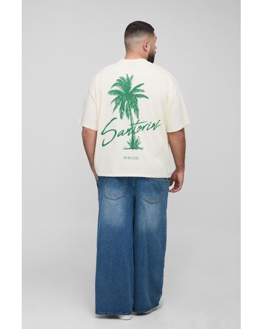 Boohoo Green Plus Oversized Extended Neck Santorini Palm Print Landscape T-Shirt