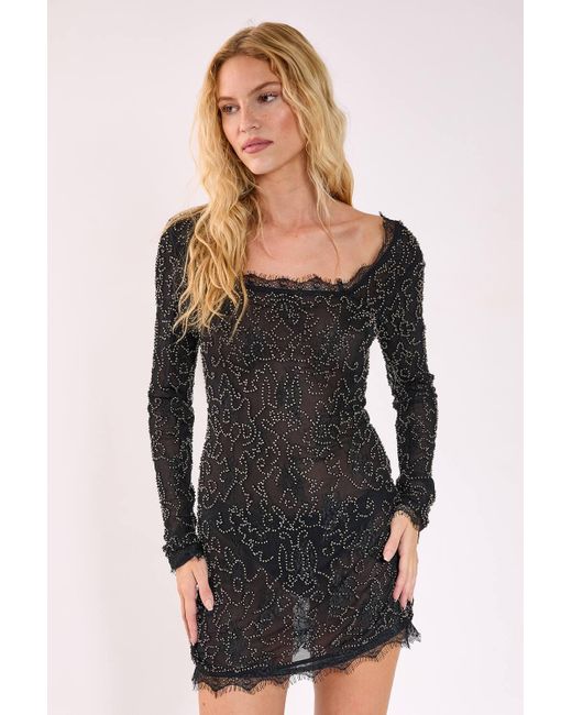 Nasty Gal Women's Black Lace Hand Embellished Long Sleeve Mini Dress