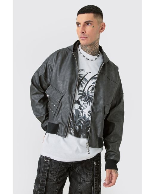 BoohooMAN Gray Tall Washed Pu Hooded Bomber for men