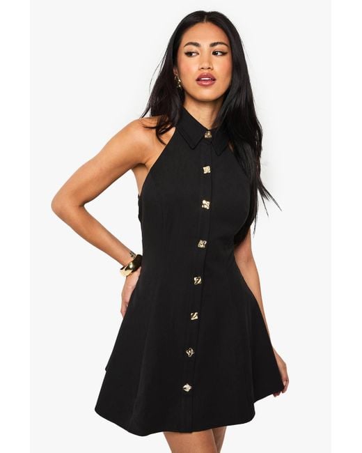 Boohoo Black Button Tailored Sleeveless Shirt Mini Dress