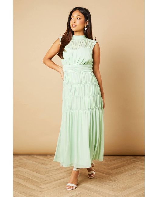 Oasis Green Petite Gathered High Neck Chiffon Midi Dress