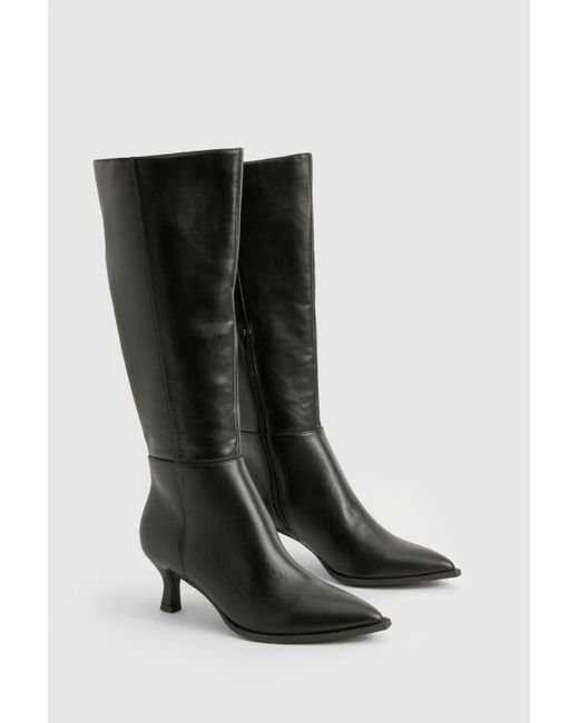 Boohoo Black Pointed Toe Low Heel Slim Knee High Boots