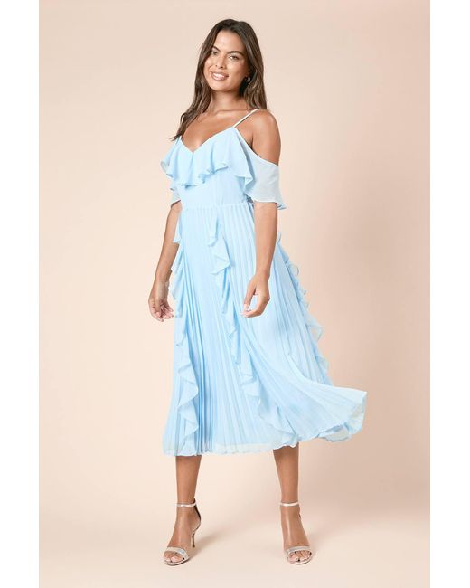 dorothy perkins ladies dresses Petite Midi Dress Dorothy Perkins Dp Petite Luxe Ruffle Front Cold Shoulder Polka dot