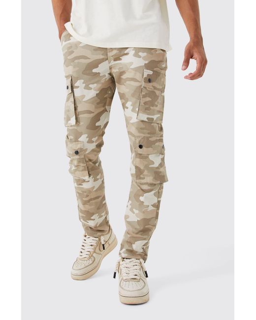 BoohooMAN Natural Slim Fit Multi Popper Cargo Camo Trouser for men