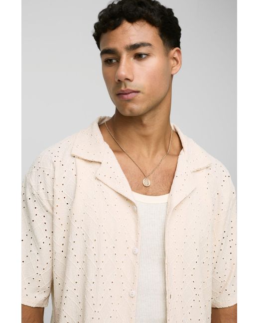 BoohooMAN Kastiges Oversize Lochmuster-Hemd in Natural für Herren