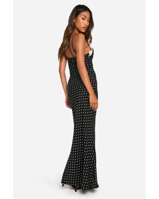 Boohoo Polka Dot Lace Trim Maxi Dress in Black | Lyst