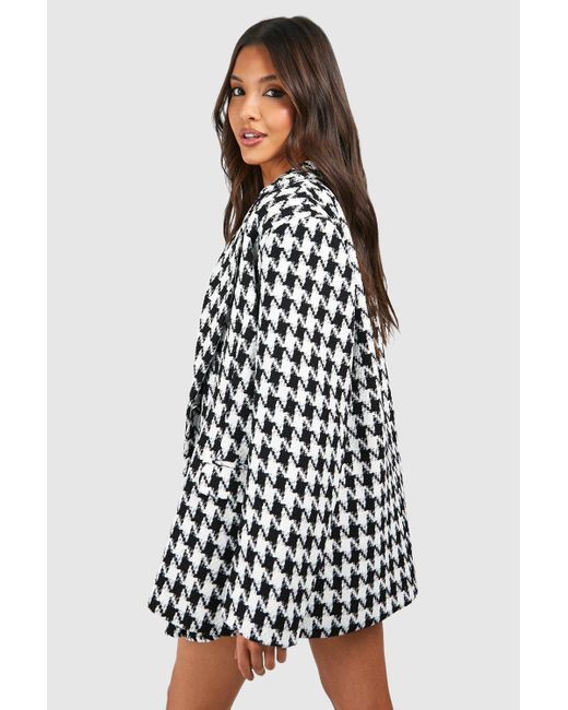 Boohoo White Premium Houndstooth Double Breasted Boucle Blazer