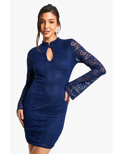 Boohoo Women's Blue Lace Keyhole Flare Sleeve Mini Dress -  web.smkmuhngawen.sch.id