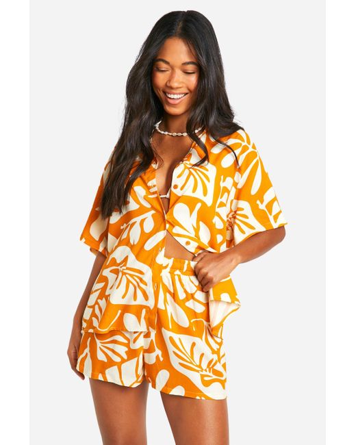 Boohoo Orange Floral Shirt And Short Beach Co-ord