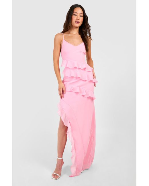 Boohoo Pink Tall Chiffon Ruffle Asymmetric Hem Maxi Dress
