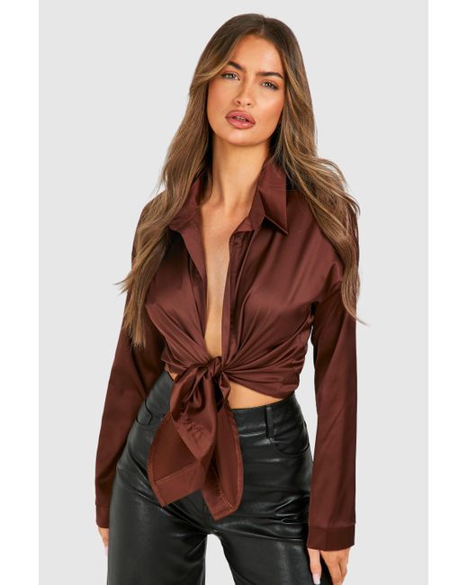 Boohoo Brown Satin Knot Front Long Sleeve Blouse