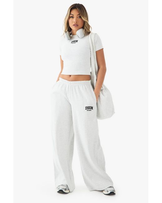 Boohoo White Dsgn Studio Embroidered Rib Mid Waist Trouser