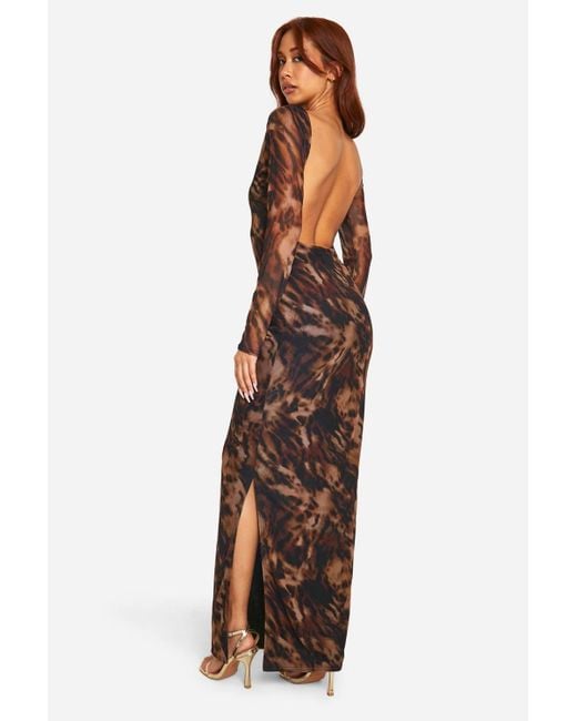 Boohoo Brown Mesh Low Scoop Back Maxi Dress