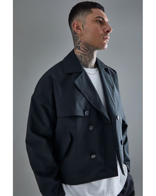 BoohooMAN Tall Cropped Double Breasted Trench Coat in Gray für Herren