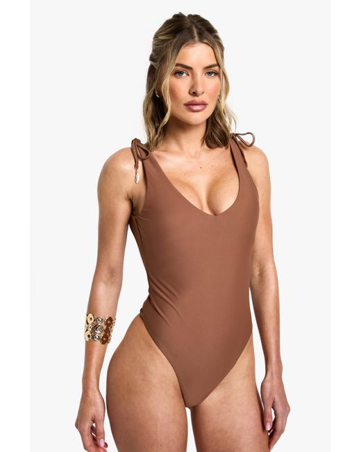 Boohoo Brown Feather Charm Backless Bathing Suit
